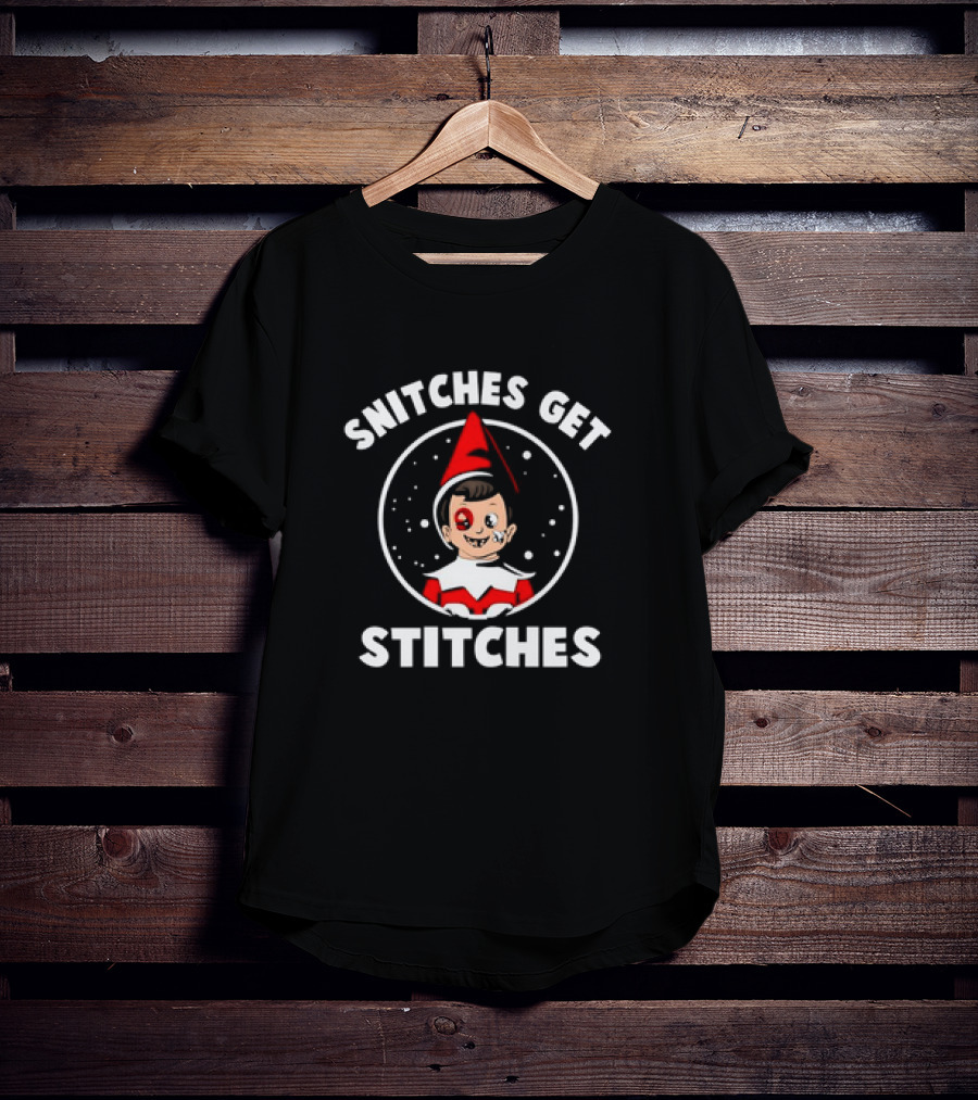 Snitches Get Stitches Elf On A Shelf Humor Cartoon Face T-Shirt