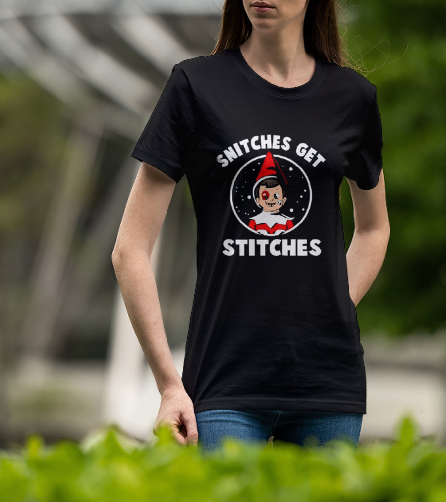 Snitches Get Stitches Elf On A Shelf Humor Cartoon Face T-Shirt