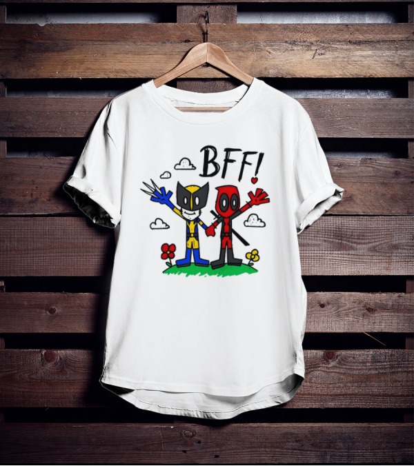 Deadpool And Wolverine BFF Cartoon Style With Heart And Clouds T-Shirt