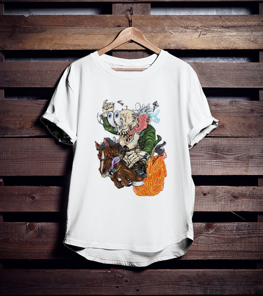 Ben FINKlin Surreal Dual-Eyed Figure On Flame-Engulfed Horse T-Shirt