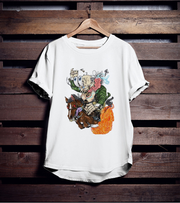 Ben FINKlin Surreal Dual-Eyed Figure On Flame-Engulfed Horse T-Shirt