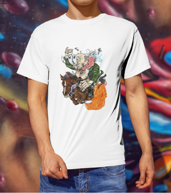 Ben FINKlin Surreal Dual-Eyed Figure On Flame-Engulfed Horse T-Shirt
