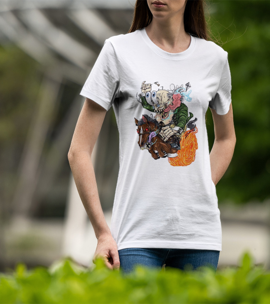 Ben FINKlin Surreal Dual-Eyed Figure On Flame-Engulfed Horse T-Shirt