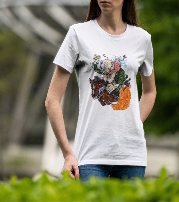 Ben FINKlin Surreal Dual-Eyed Figure On Flame-Engulfed Horse T-Shirt