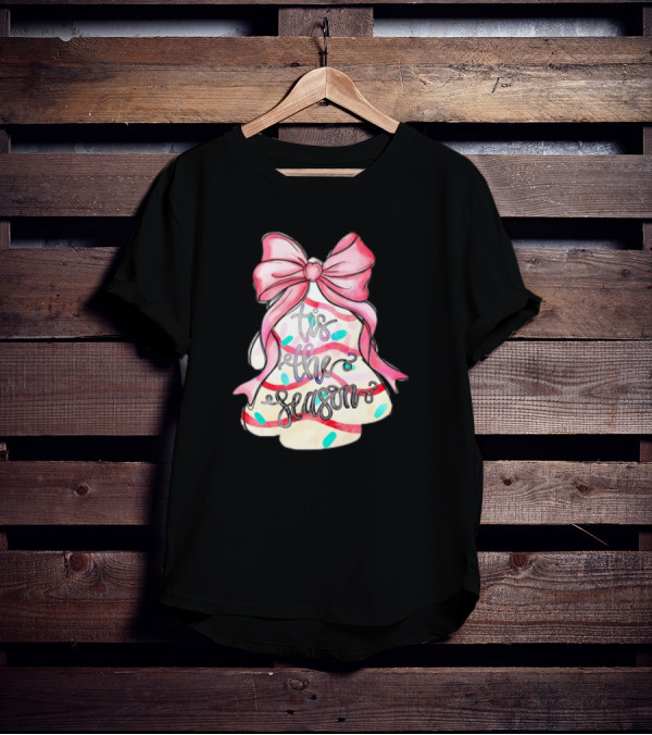 Tis The Season Christmas Tree Cakes Pink Bow T-Shirt