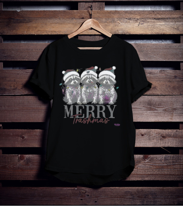 Merry Trashmas Christmas Raccoons Santa Hats Holiday Lights T-Shirt