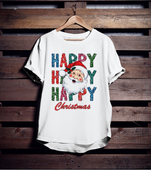Glitter Happy Happy Happy Christmas Santa Claus T-Shirt