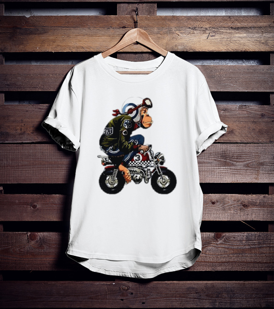 Monkey Riding Checkered Mini Bike Cartoon T-Shirt