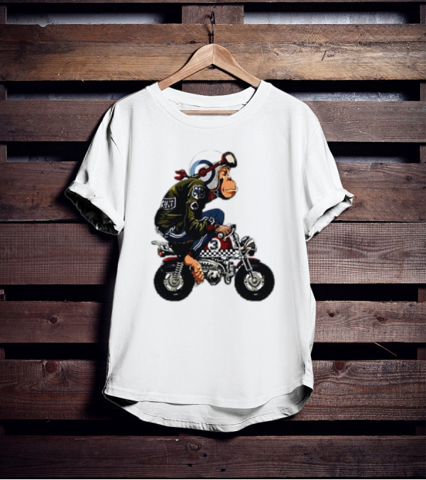 Monkey Riding Checkered Mini Bike Cartoon T-Shirt