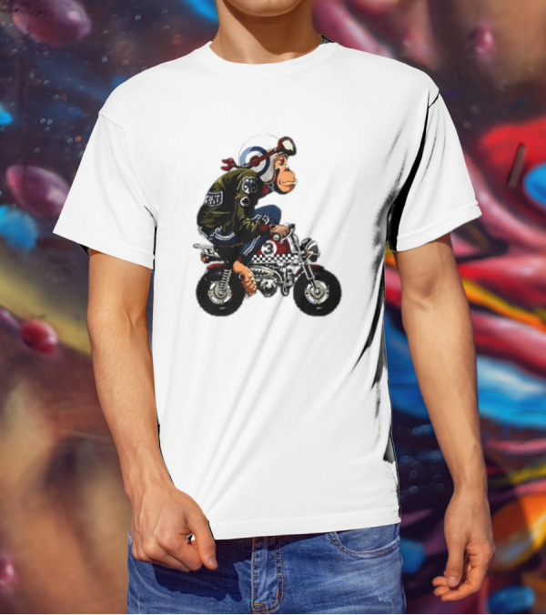 Monkey Riding Checkered Mini Bike Cartoon T-Shirt