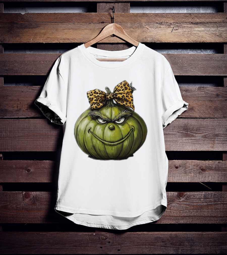 Retro Vintage Leopard Bow Grinch Pumpkin T-Shirt