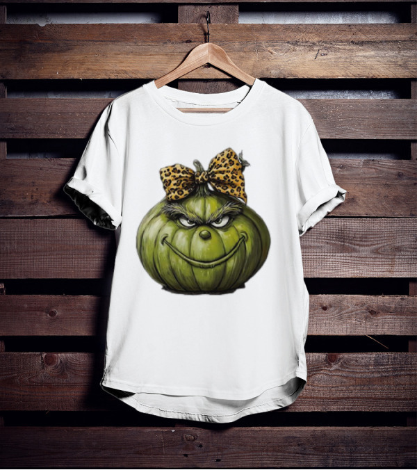 Retro Vintage Leopard Bow Grinch Pumpkin T-Shirt