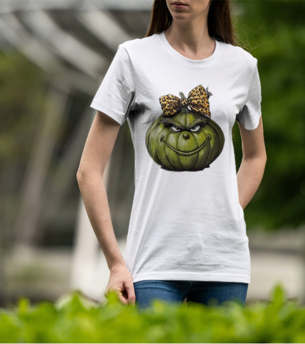 Retro Vintage Leopard Bow Grinch Pumpkin T-Shirt