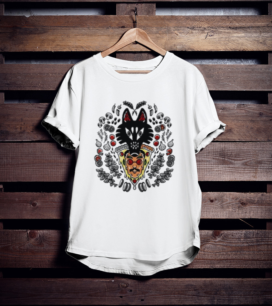 Pizzamas Wolf Pizza John Pizza Slice And Wolf Face Surrounded By Toppings T-Shirt