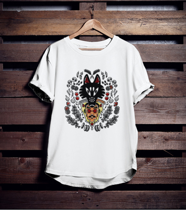 Pizzamas Wolf Pizza John Pizza Slice And Wolf Face Surrounded By Toppings T-Shirt