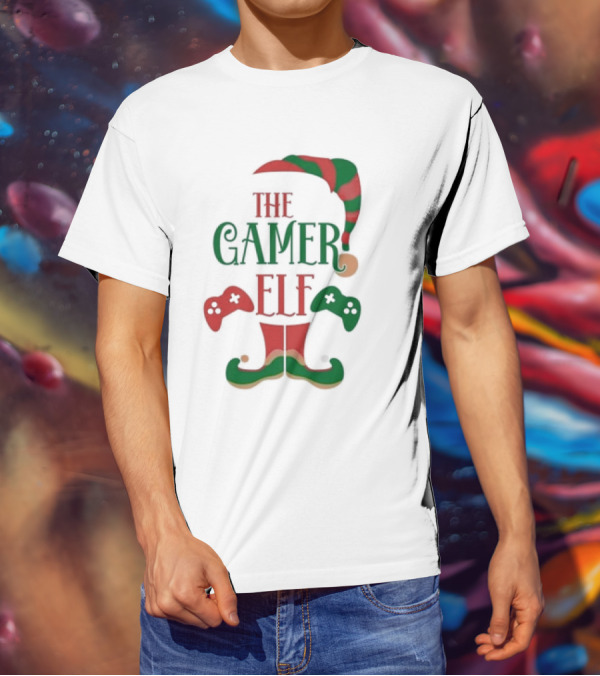 The Gamer Elf With Christmas Hat And Controllers T-Shirt