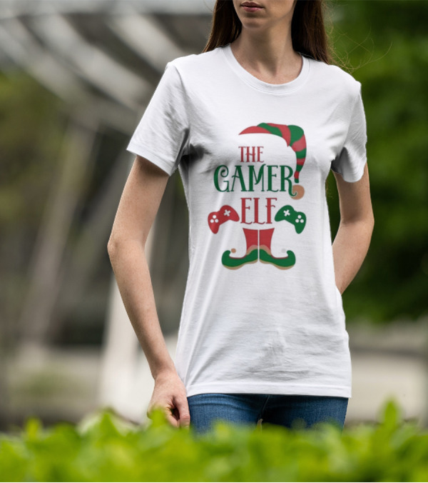 The Gamer Elf With Christmas Hat And Controllers T-Shirt