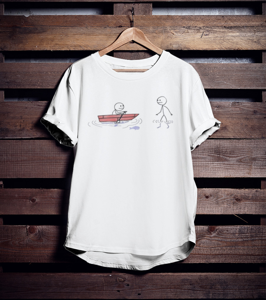 Stick Figure Rowing A Boat With Stick Figure Walking On Water Humor Concept T-Shirt