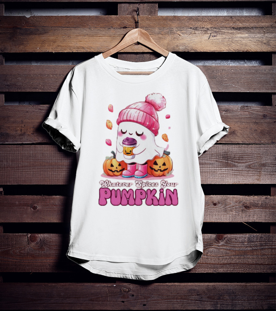 Ghost In Pink Beanie With Coffee And Pumpkins Whatever Spices Your Pumpkin T-Shirt
