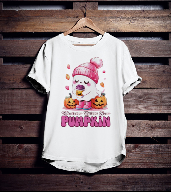 Ghost In Pink Beanie With Coffee And Pumpkins Whatever Spices Your Pumpkin T-Shirt