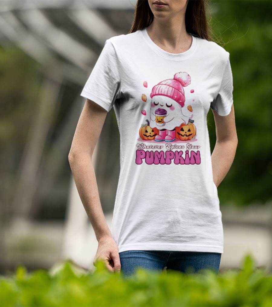 Ghost In Pink Beanie With Coffee And Pumpkins Whatever Spices Your Pumpkin T-Shirt
