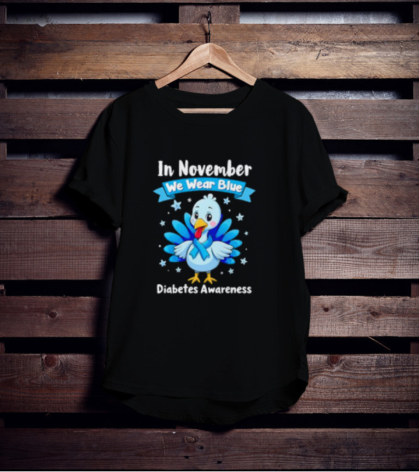 In November We Wear Blue Thanksgiving Diabetes Awareness Turkey With Ribbon And Stars T-Shirt