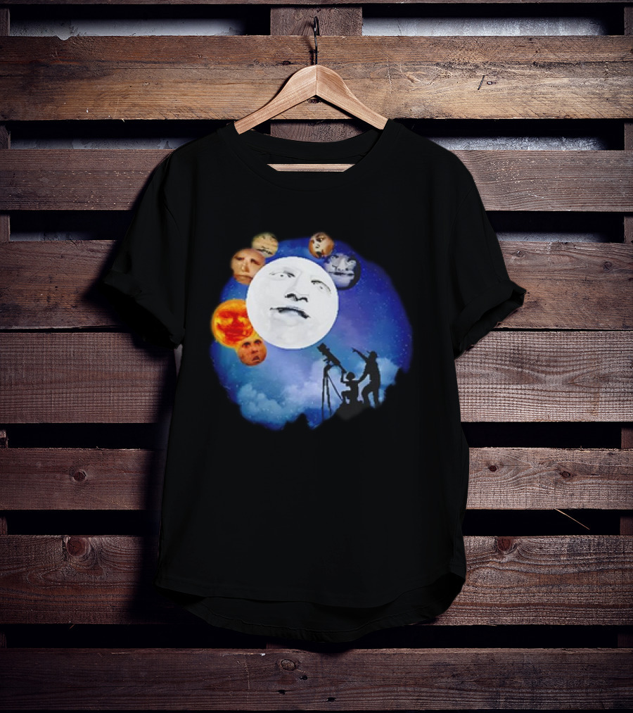 Man And Child Stargazing At Moon And Face Planets T-Shirt