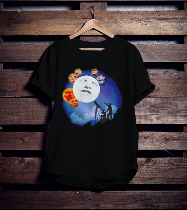 Man And Child Stargazing At Moon And Face Planets T-Shirt