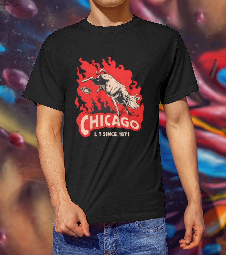 Chicago Lit Since 1871 Kicking Cow Flame T-Shirt