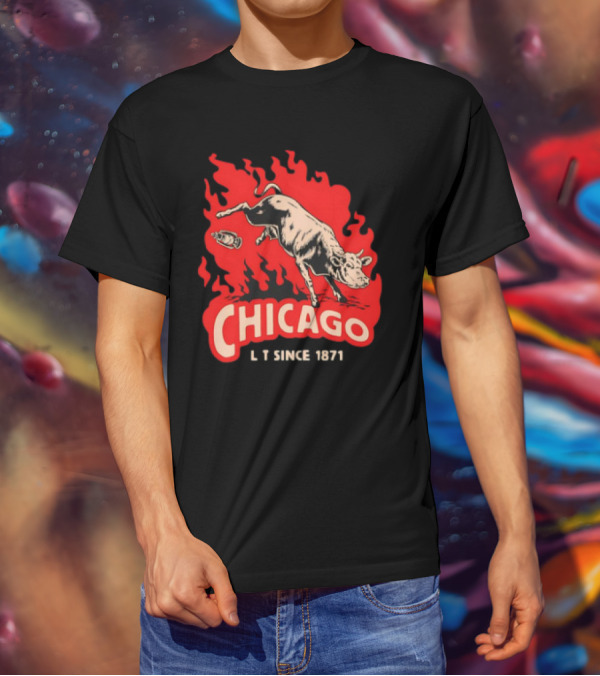 Chicago Lit Since 1871 Kicking Cow Flame T-Shirt