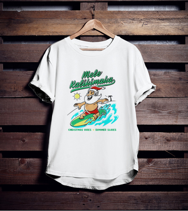 Mele Kalikimaka Santa Surfing Christmas Vibes Summer Slides Tropical Sun T-Shirt