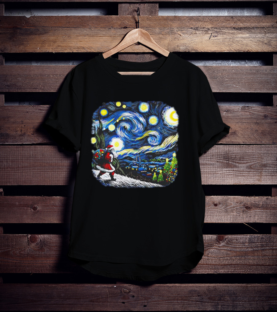 Van Gogh Starry Night Santa Christmas Winter Snowy Night Scene T-Shirt