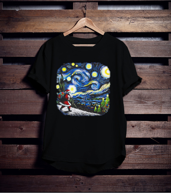 Van Gogh Starry Night Santa Christmas Winter Snowy Night Scene T-Shirt