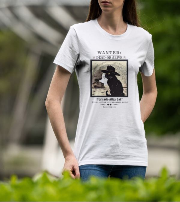 Wanted Dead Or Alive Tornado Alley Cat Oklahoma Whiskered Rascal Cowboy Twister Retro T-Shirt