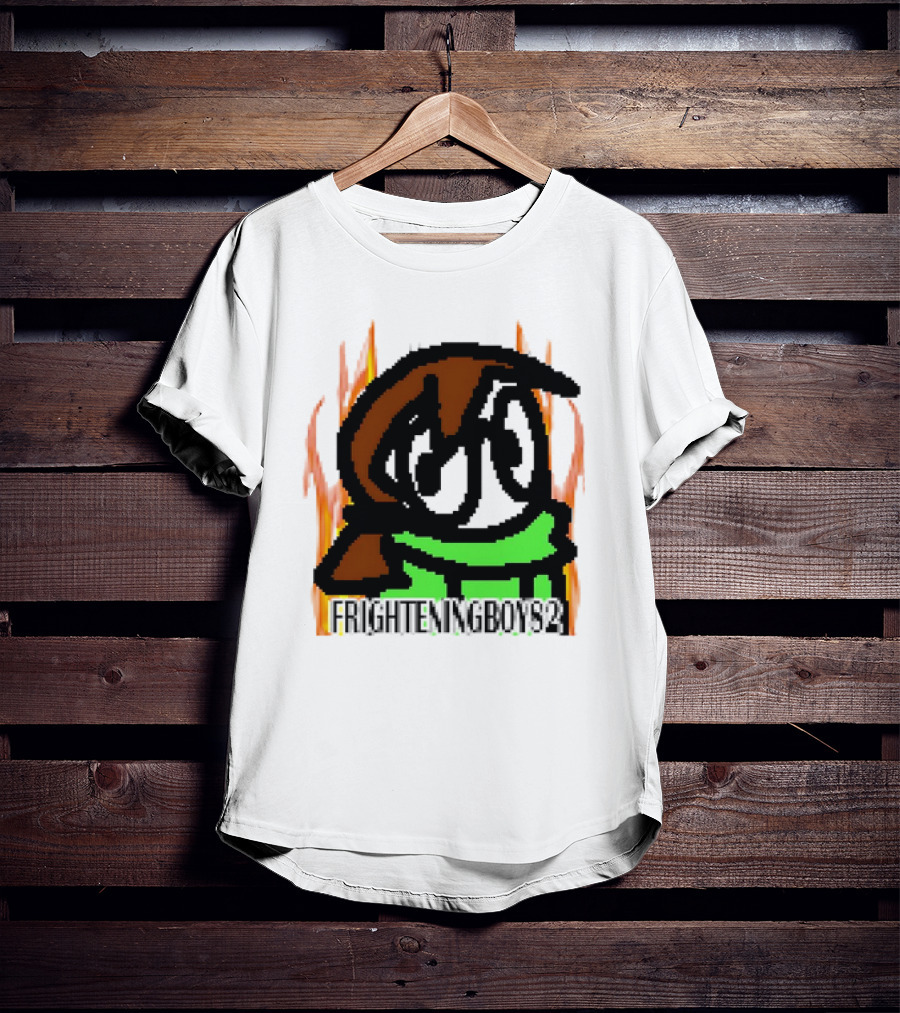 FRIGHTENINGBOY82 Leaf Pixel Art Character With Green Scarf And Flames T-Shirt