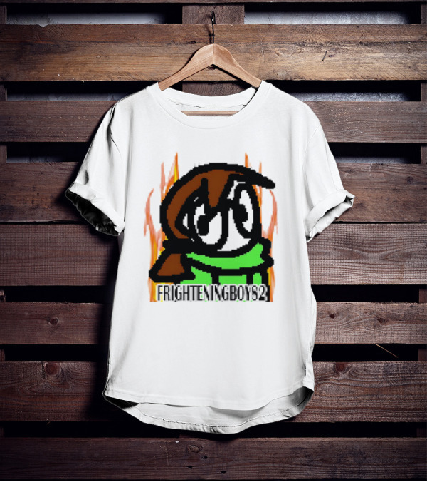 FRIGHTENINGBOY82 Leaf Pixel Art Character With Green Scarf And Flames T-Shirt