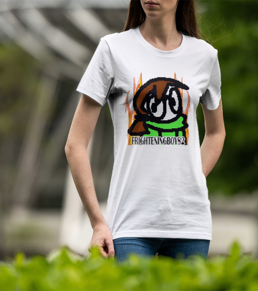 FRIGHTENINGBOY82 Leaf Pixel Art Character With Green Scarf And Flames T-Shirt