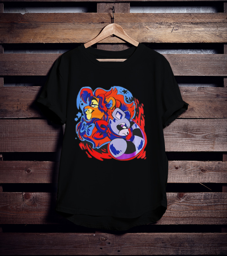Lion And Raccoon Cartoon With Colorful Flowing Manes And Scarves T-Shirt