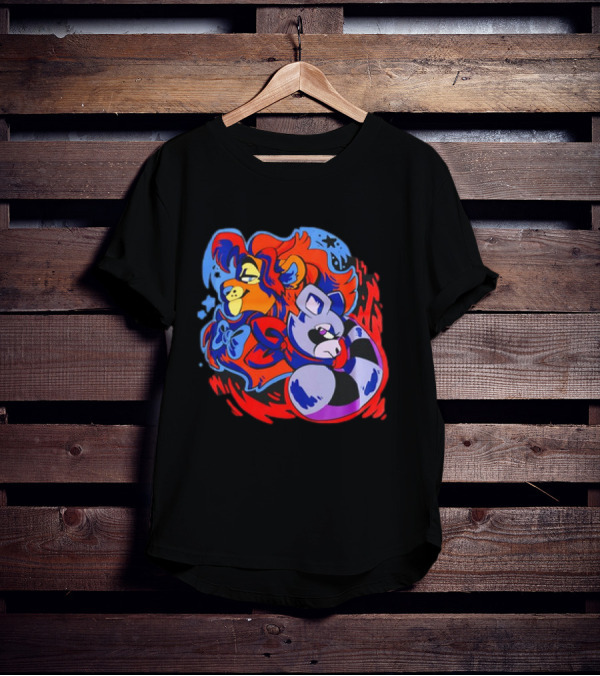 Lion And Raccoon Cartoon With Colorful Flowing Manes And Scarves T-Shirt