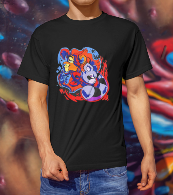 Lion And Raccoon Cartoon With Colorful Flowing Manes And Scarves T-Shirt
