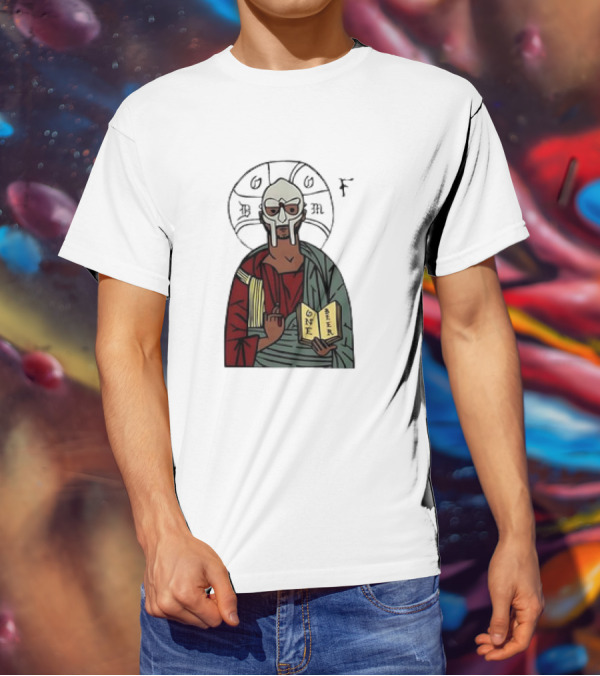 MF DOOM Cartoon Iconic Mask With Sacred Imagery And Open Book One Beer T-Shirt