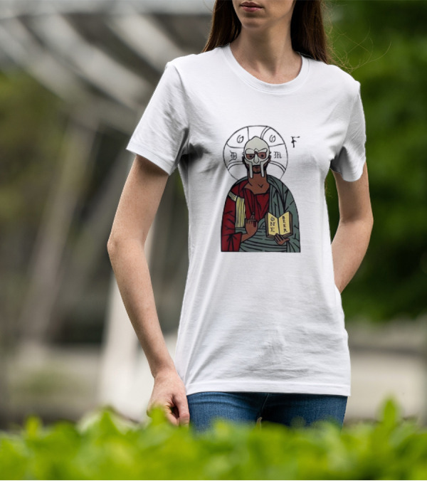 MF DOOM Cartoon Iconic Mask With Sacred Imagery And Open Book One Beer T-Shirt