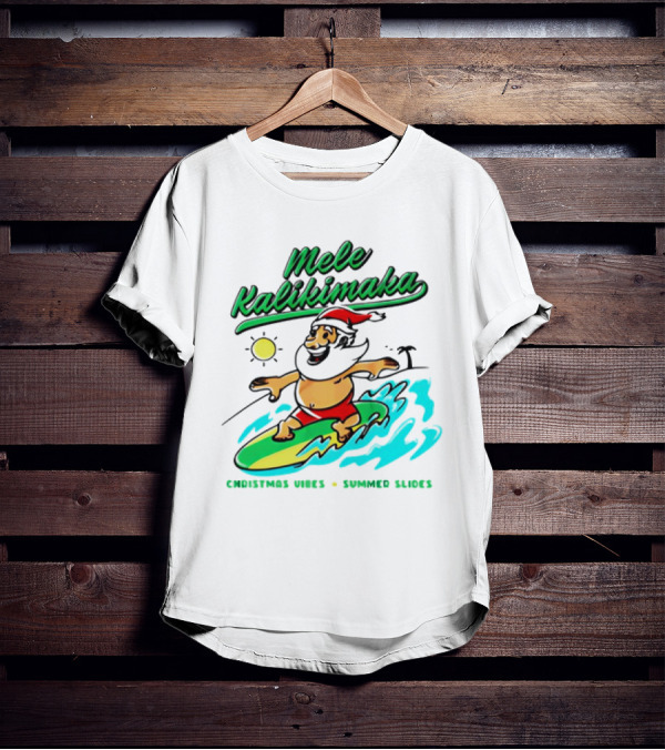 Mele Kalikimaka Santa Claus Surfing Christmas Vibes Summer Slides T-Shirt