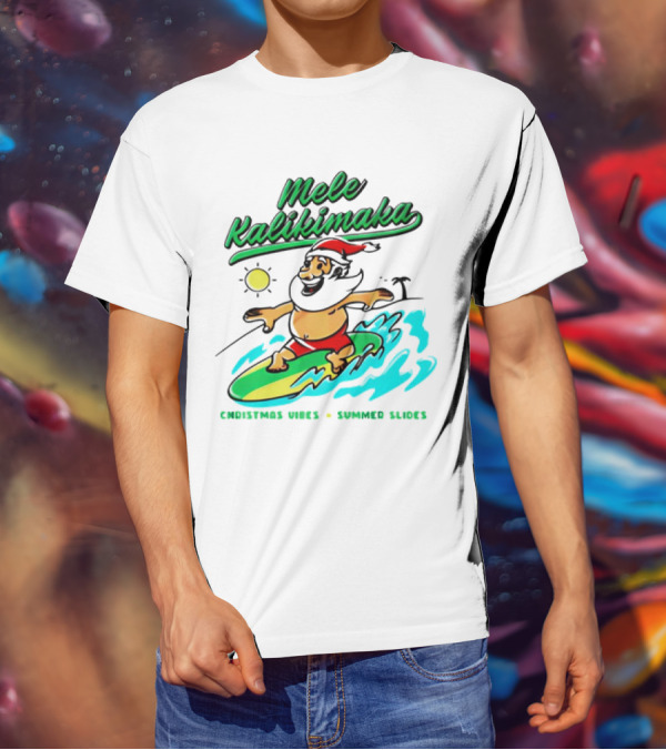 Mele Kalikimaka Santa Claus Surfing Christmas Vibes Summer Slides T-Shirt