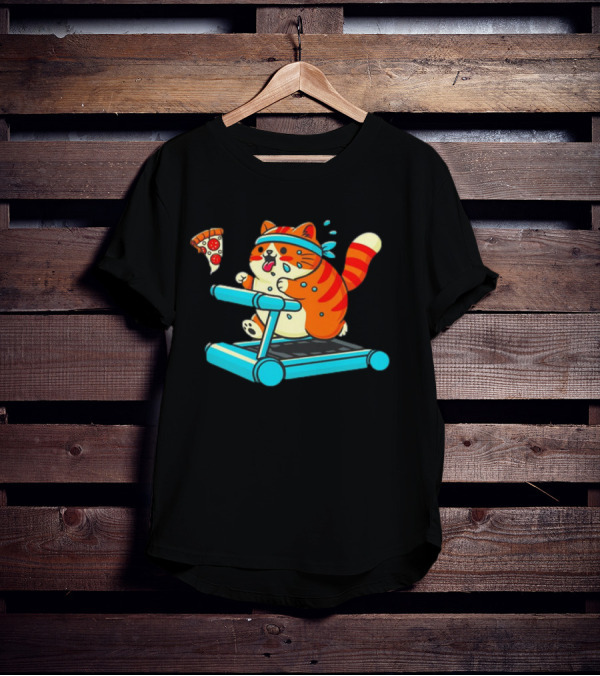 Chasing Dreams And Pizza Slices Chonky Cat Running On Treadmill T-Shirt