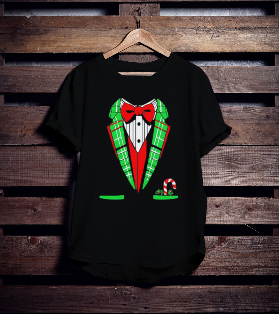 Santa Tuxedo Christmas Suit Candy Cane Plaid Bow Tie T-Shirt
