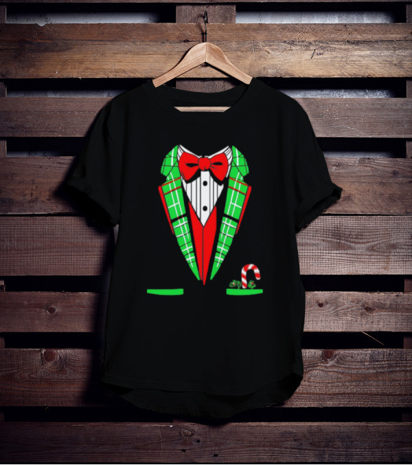 Santa Tuxedo Christmas Suit Candy Cane Plaid Bow Tie T-Shirt