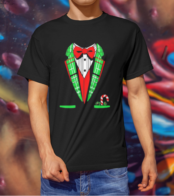 Santa Tuxedo Christmas Suit Candy Cane Plaid Bow Tie T-Shirt