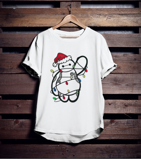 Baymax Wrapped In Christmas Lights Wearing Santa Hat T-Shirt