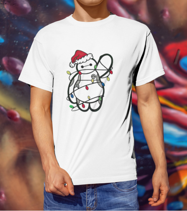 Baymax Wrapped In Christmas Lights Wearing Santa Hat T-Shirt